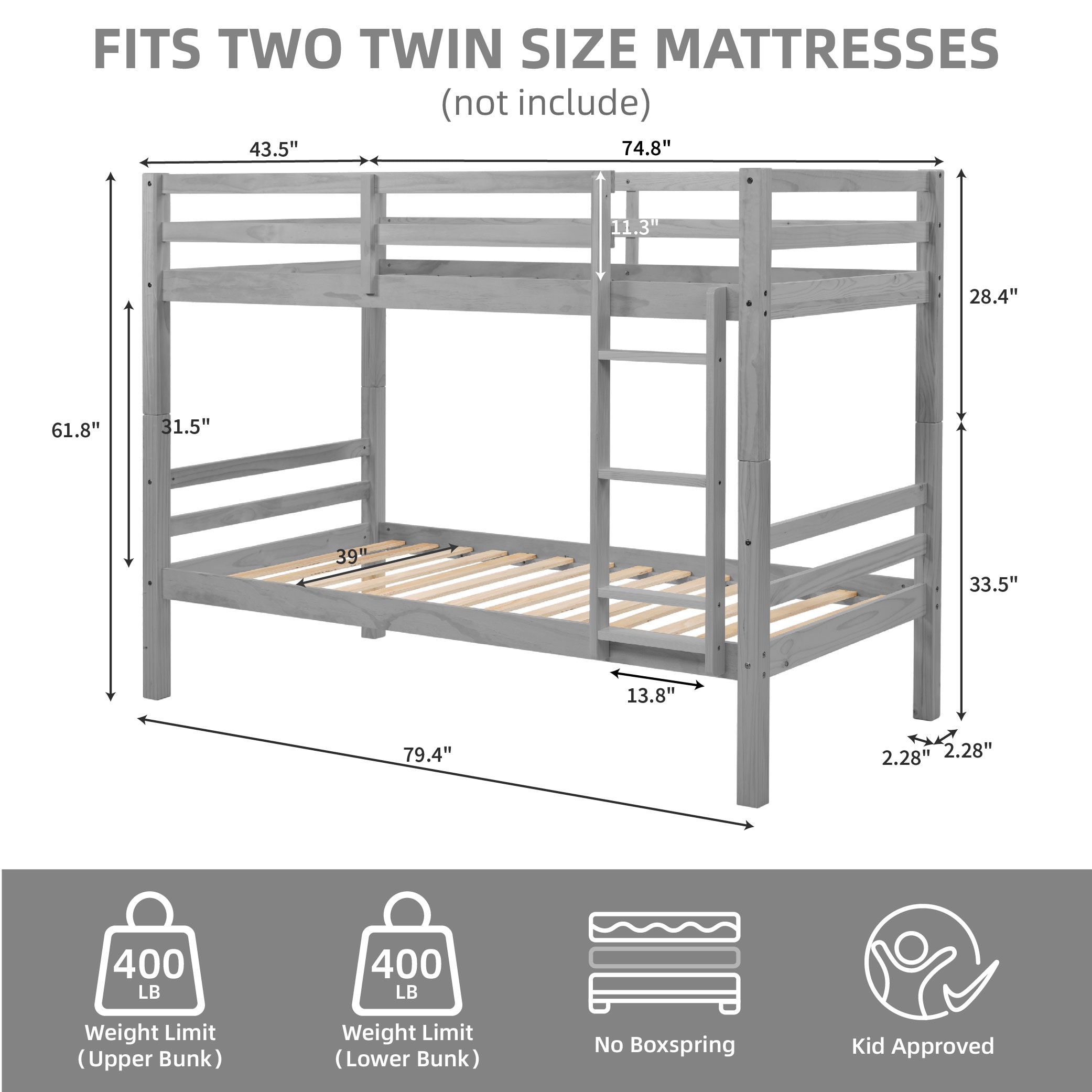 Twin Over Twin Bunk Bed With Thick Posts,Wooden Bunk Bed With High Guardrail And Ladder For Kids, Teens, Dorm Rooms, And Guest Rooms,No Box Spring Needed,Grey_voghion.com